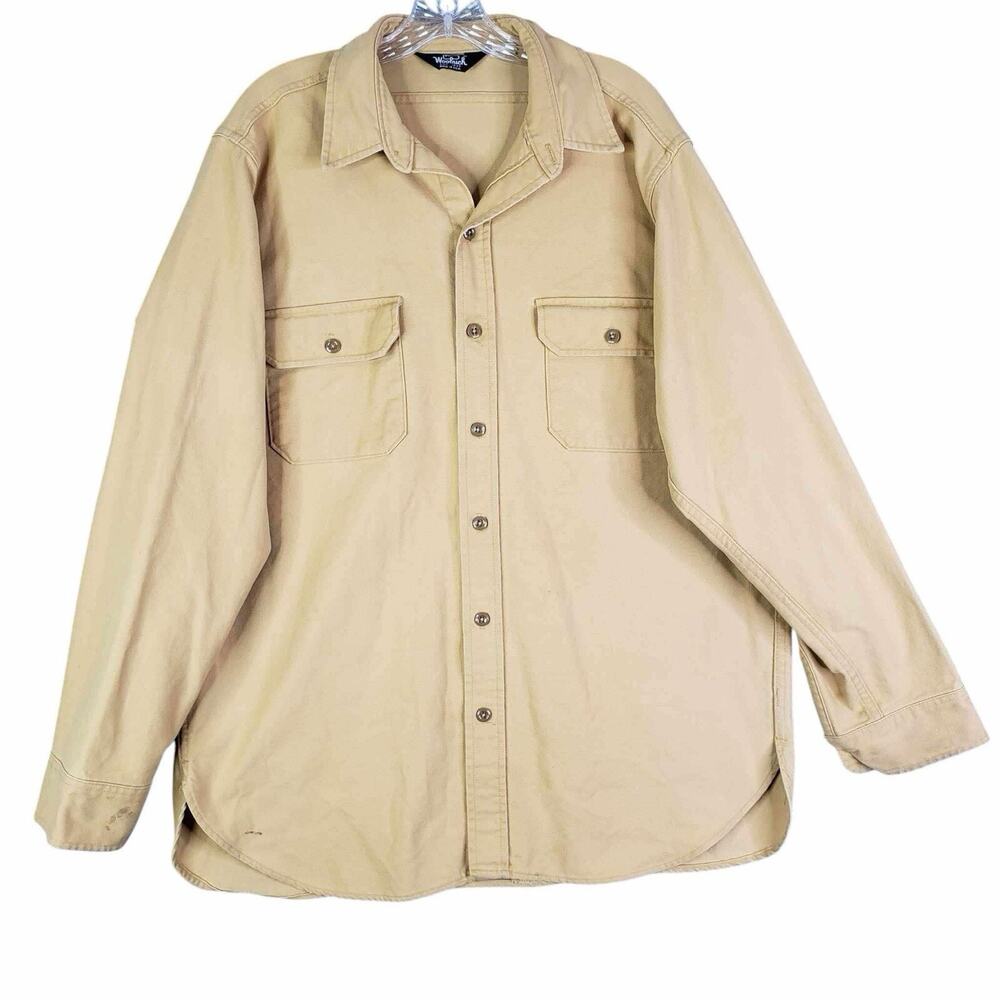 Woolrich Shirt Mens Size Large Long Sleeve Button Down Vtg Canvas Butter Flaw